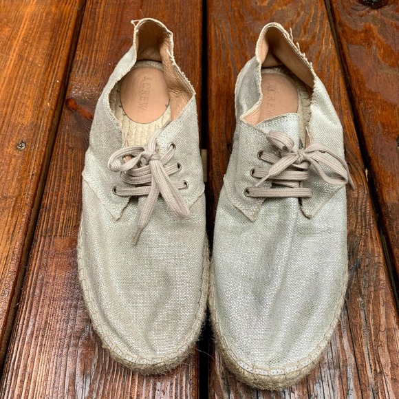 J. Crew Italy Golden Shimmer Tan Canvas Lace-up Espadrilles Sneaker Womens 11 - Picture 2 of 8